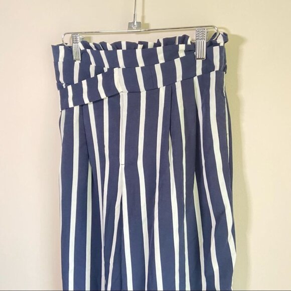 mine apparel Wide Leg Flowy Pants Waist Tie Vertical Striped Navy White Small - Picture 3 of 5